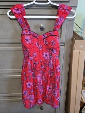 Pink Floral Mini Dress - Sleeveless Sweetheart Neckline